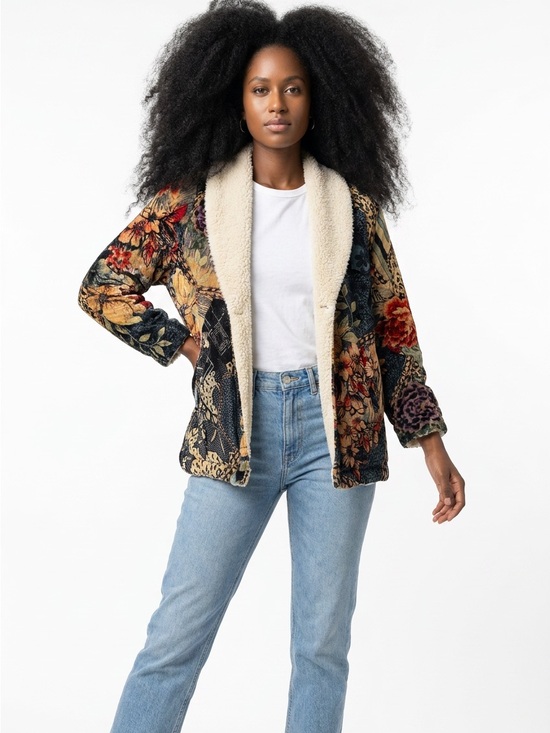 Soft Surroundings Jackets & Blazers - Floral Patchwork Teddy Jacket with Cream Sherpa Collar